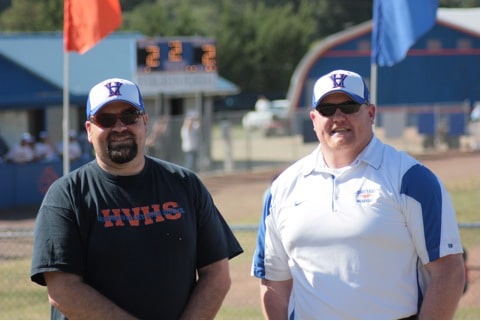 HVHS Principal Daye Stone and Sports Director Jamie Ongman stand near their existing baseball field during a state play-off game.  Photo Credit: Rocky Garrotto